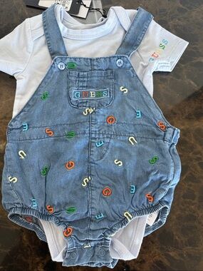 New! GUESS Denim Blue Baby Romper with Embroidered Letters Size 3/6 months